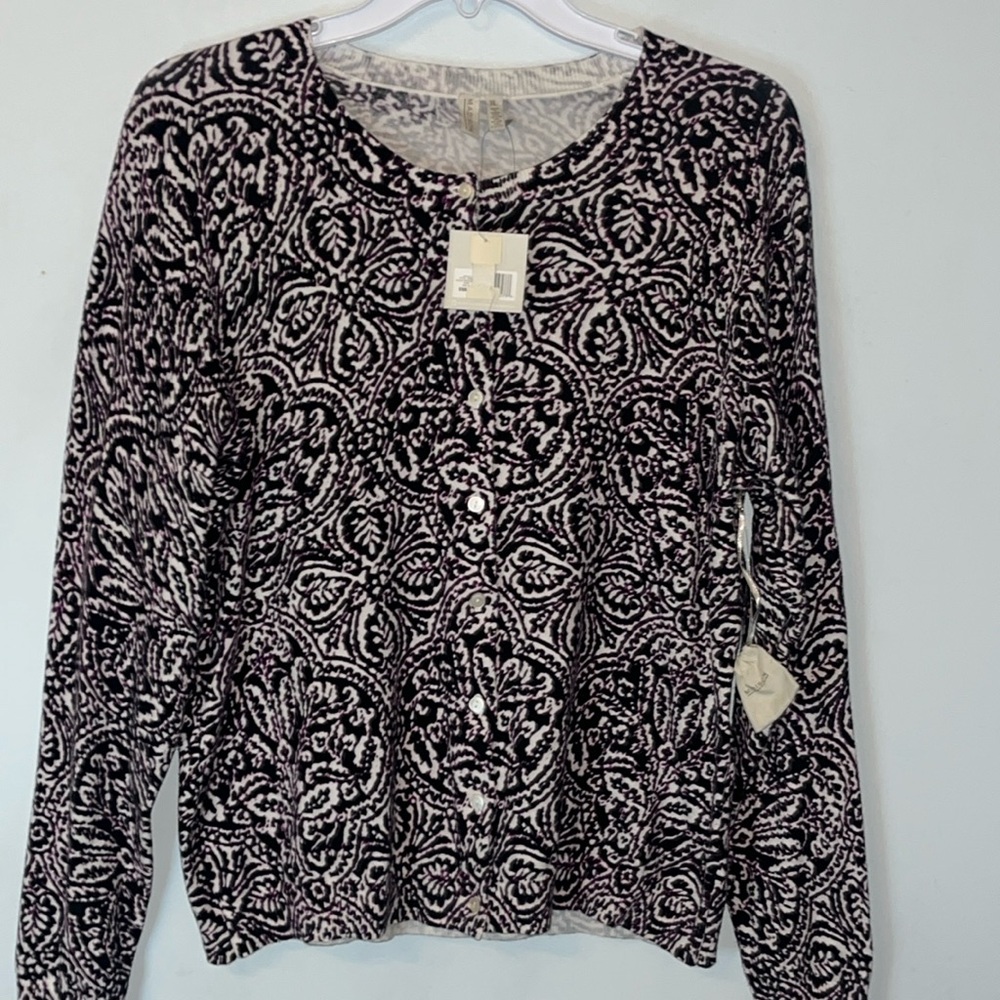 NWT Madison Lightweight Cardigan Sweater Plum White Floral Leaf Boho Print Sz XL - Picture 1 of 11